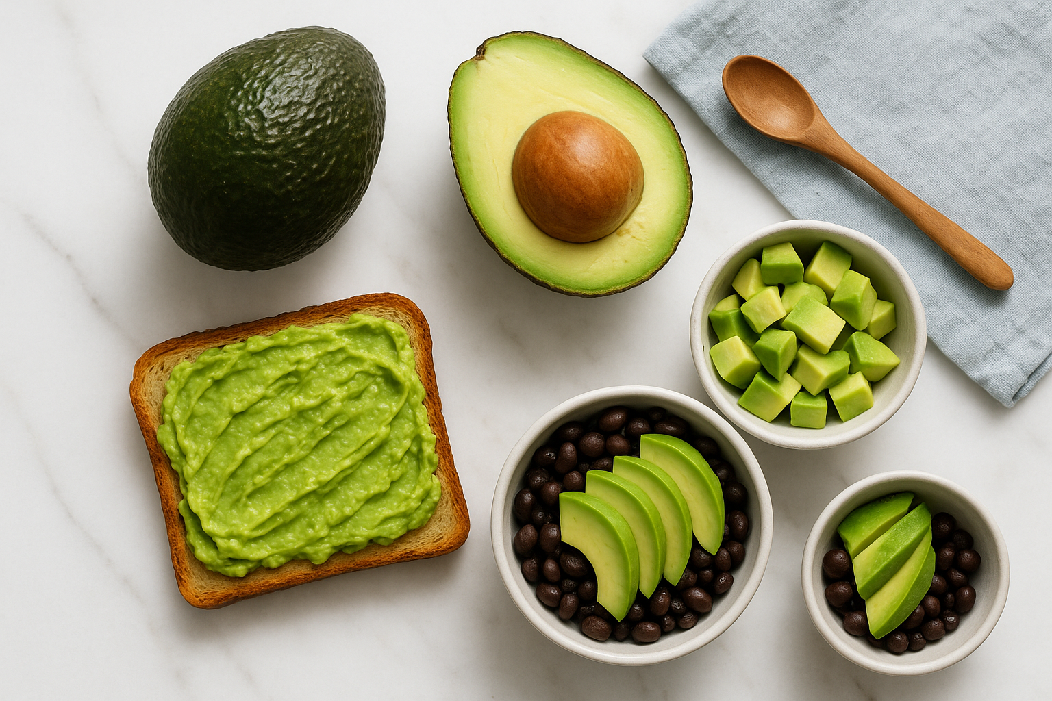 Avocado fiber guide with a whole and halved Hass avocado, diced avocado, avocado toast and black beans topped with slices