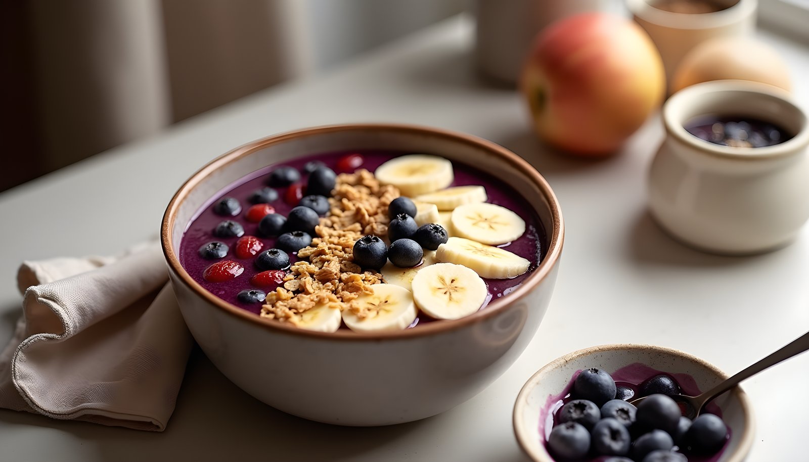 Acai fiber shown with a deep purple acai bowl topped with banana slices, granola and blueberries, plus a dish of berries