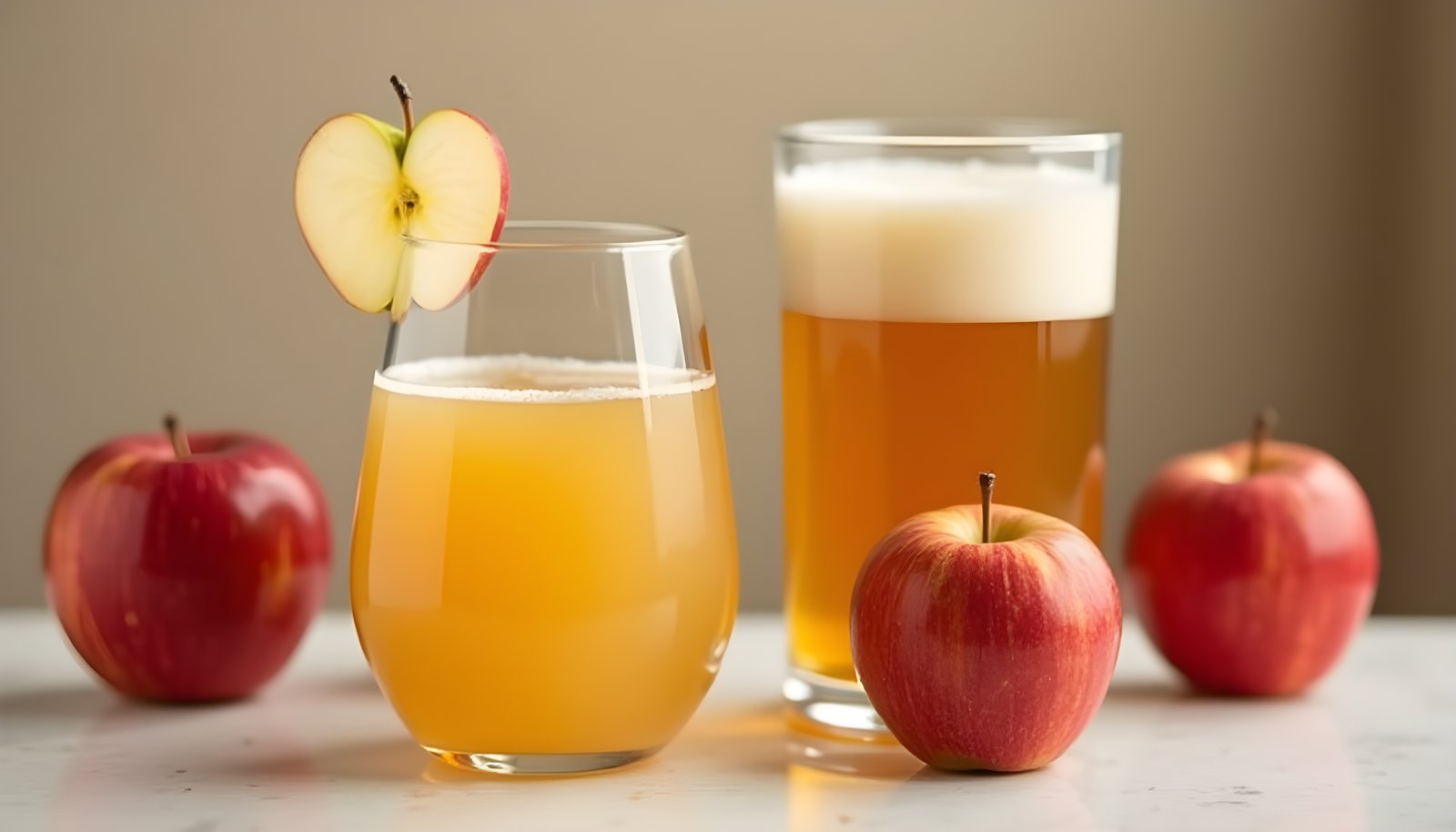 Apple juice fiber shown with a glass of clear apple juice and a glass of cloudy cider beside fresh red apples