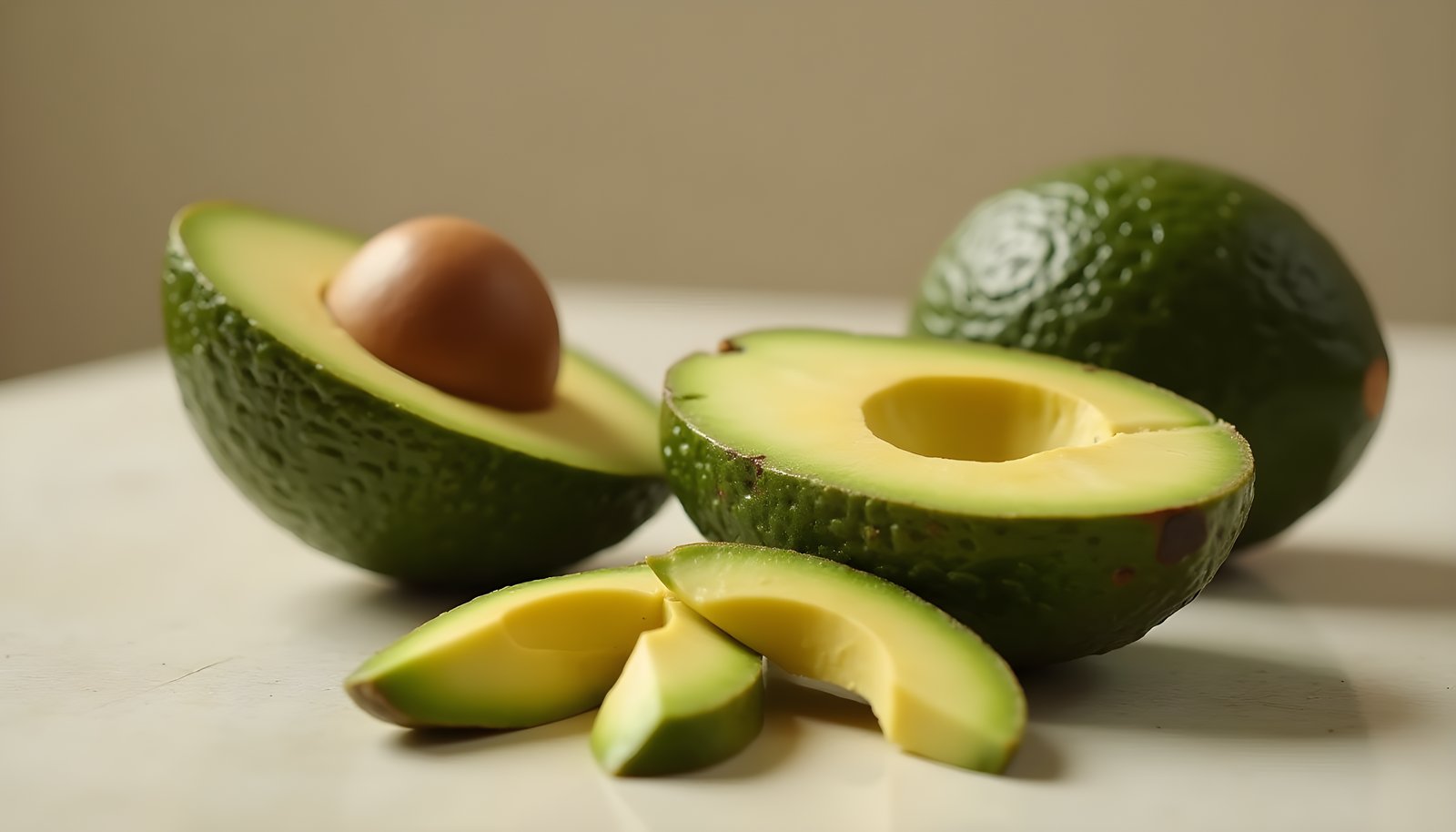 Avocado fiber shown with a ripe avocado cut in half with the pit, a whole avocado and a few green avocado slices