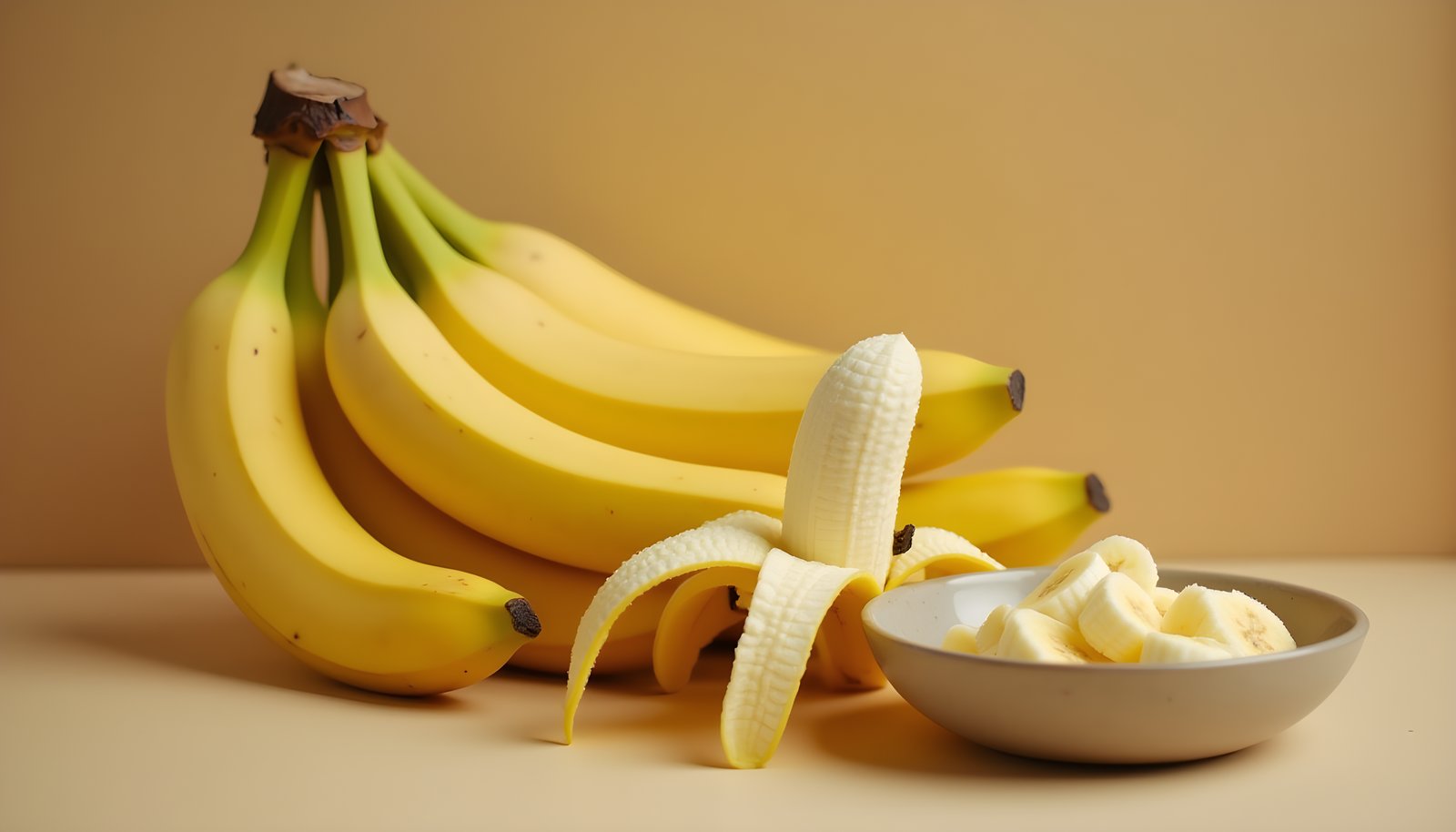Are bananas high in fiber shown with a bunch of ripe yellow bananas, one half-peeled banana and a small bowl of slices