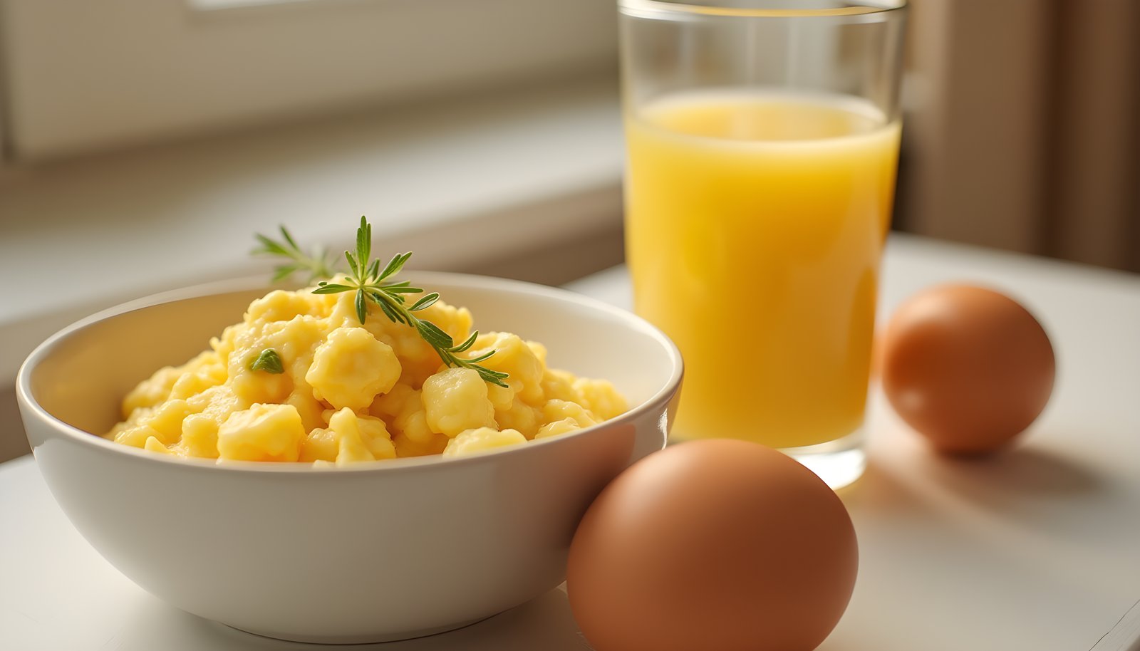 Egg products and fiber shown with a bowl of fluffy scrambled eggs, whole brown eggs and a glass of orange juice