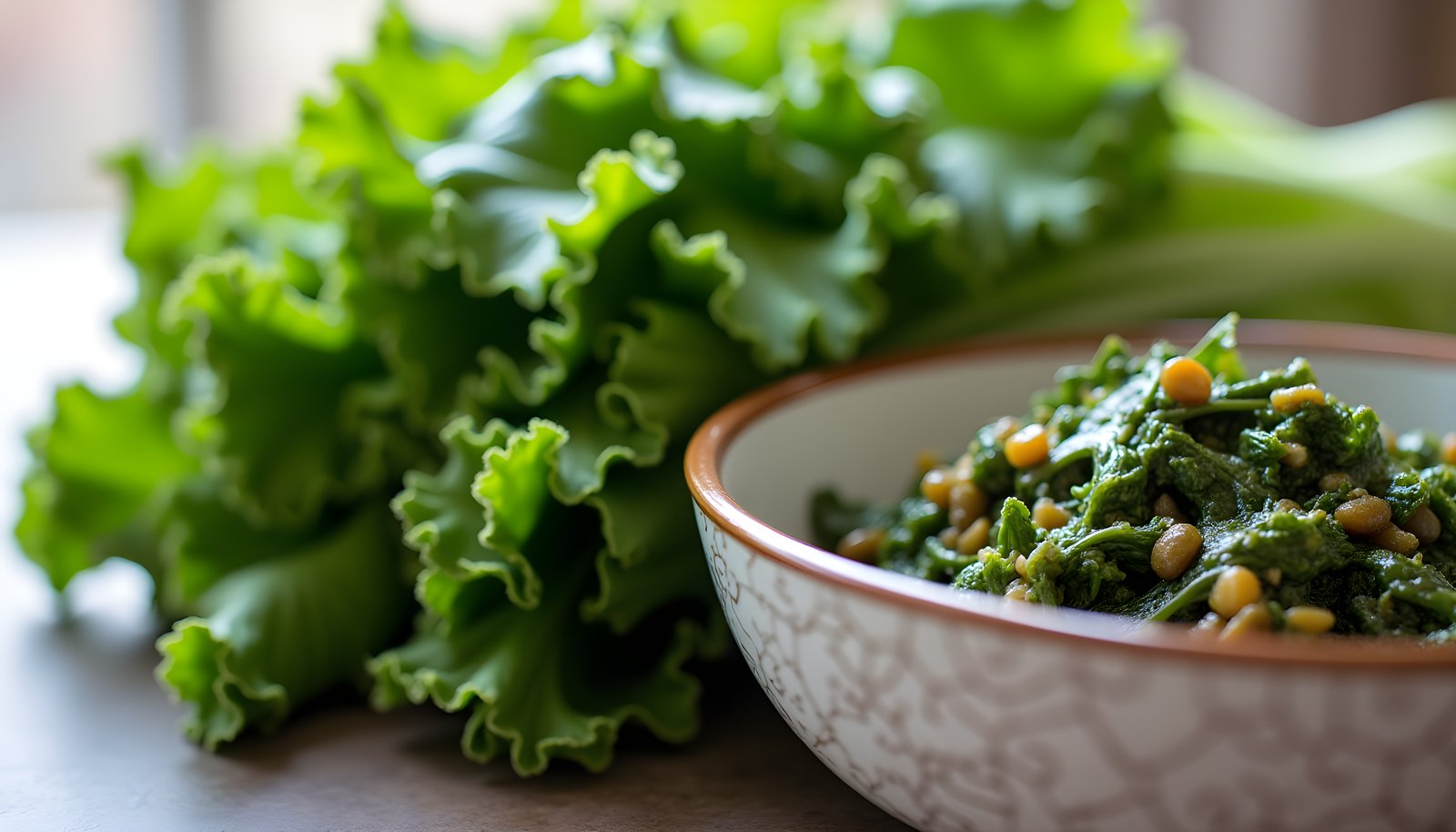 Mustard green fiber shown with a bunch of frilly fresh mustard greens beside a bowl of sauteed greens mixed with beans