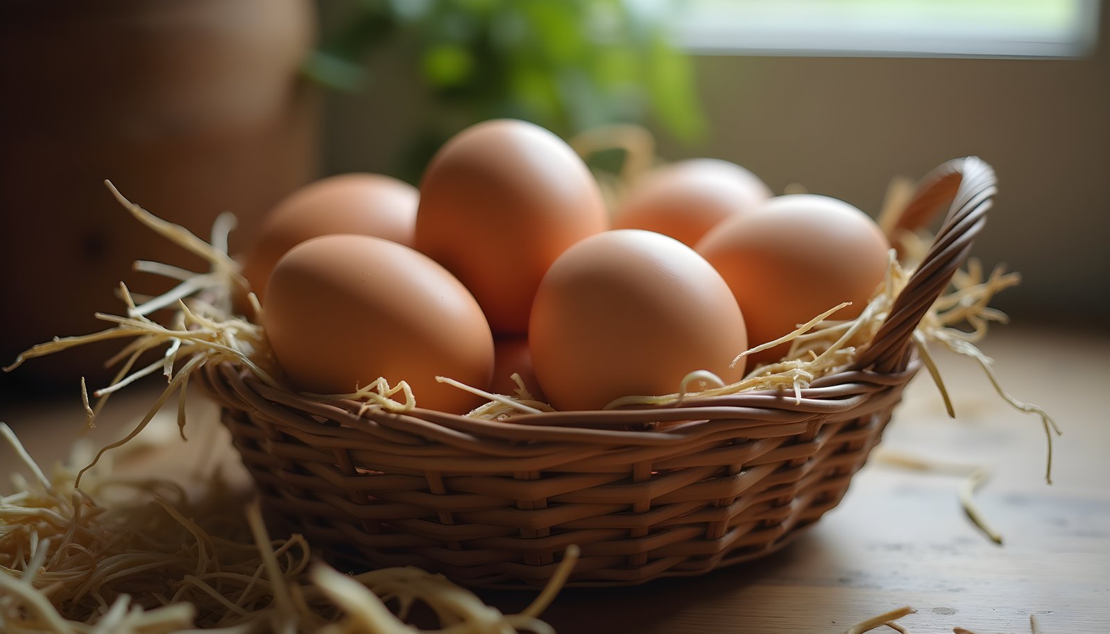 Organic egg fiber shown with a woven basket of fresh brown eggs nestled in straw on a rustic farm style table