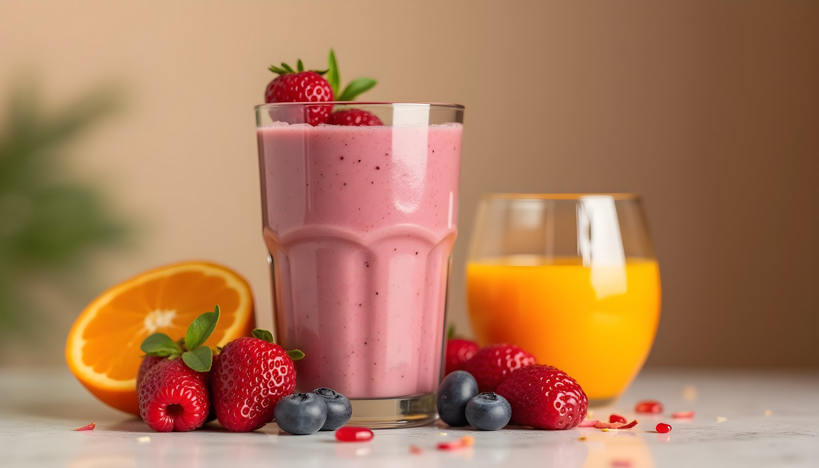 Smoothie vs juice fiber shown with a tall pink berry smoothie beside a glass of orange juice, fresh berries and an orange