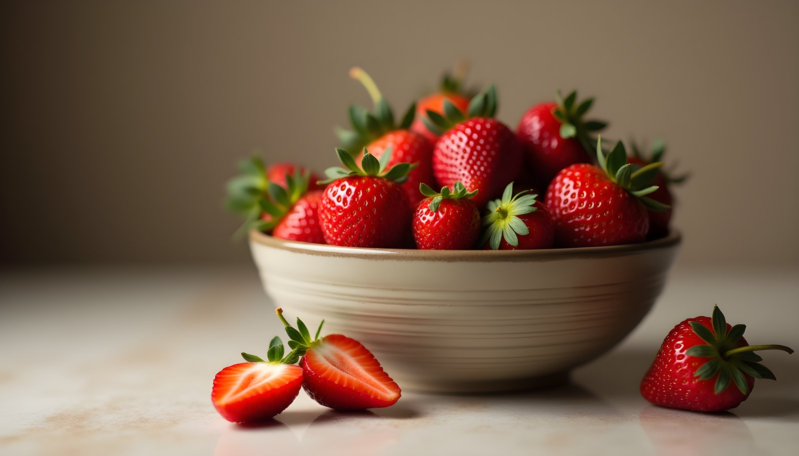 Strawberry fiber shown with a ceramic bowl of fresh red strawberries with green tops, plus halved and whole berries