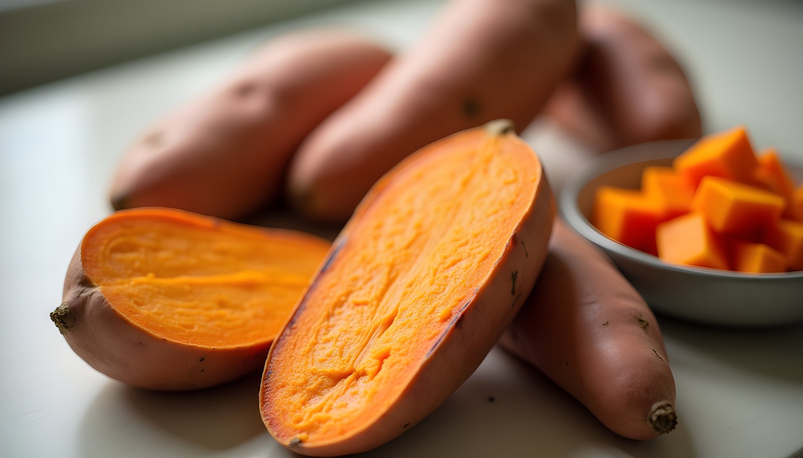 Sweet potato fiber shown with a halved roasted sweet potato, whole raw sweet potatoes and a small bowl of orange cubes