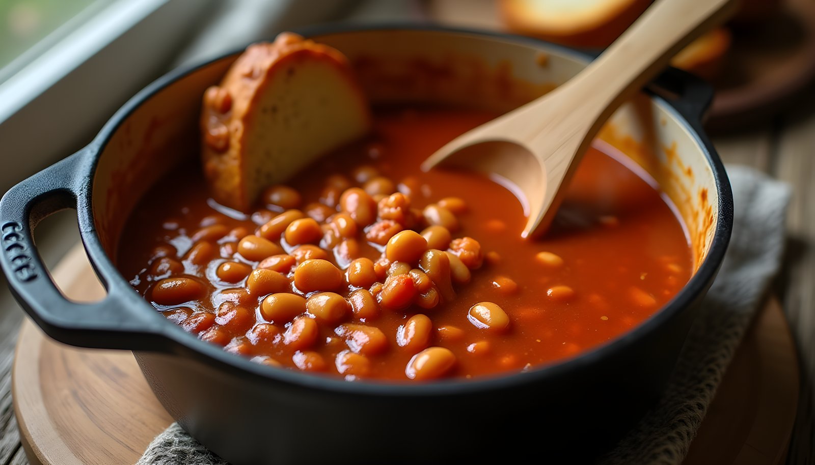 Baked bean fiber shown with a cast iron pot of baked beans in thick tomato sauce with a wooden spoon and a slice of toast