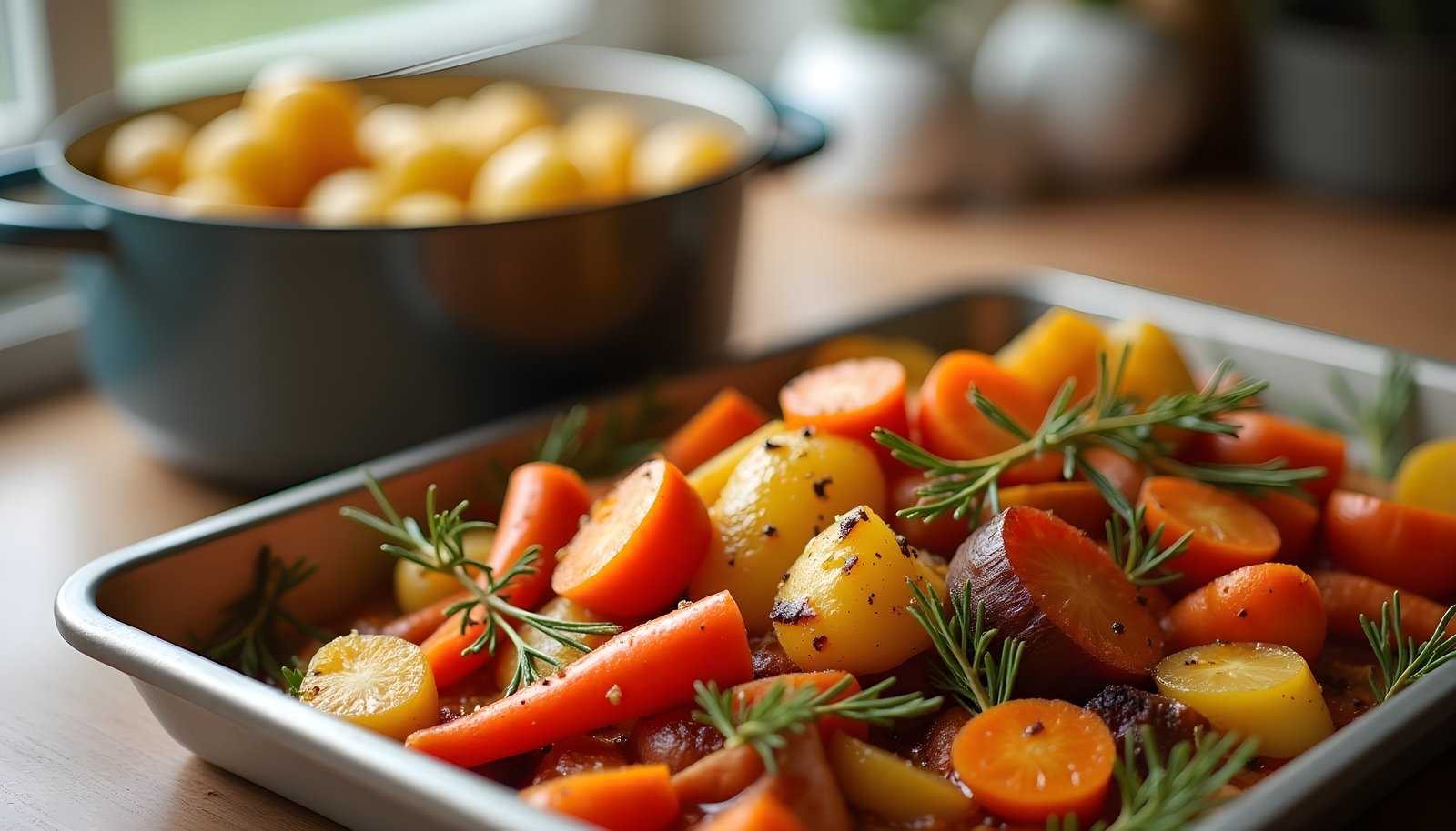 Baked vs boiled vegetable fiber shown with a tray of roasted carrots and root vegetables with herbs and a pot behind