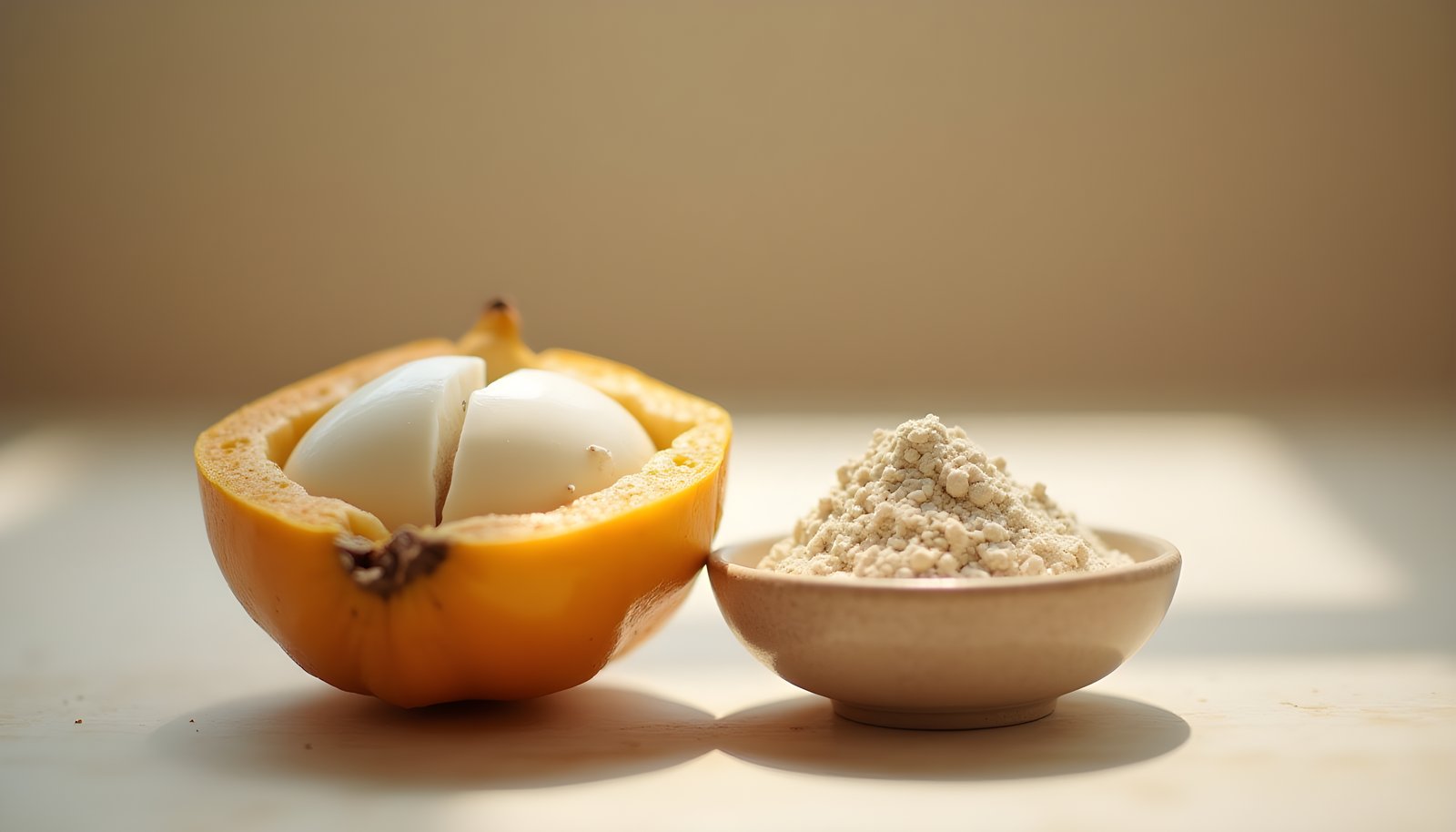 Baobab fiber shown with a split baobab fruit pod revealing chalky white pulp beside a bowl of pale baobab powder
