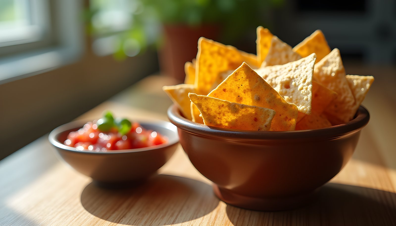 Bean chip fiber shown with a bowl of crunchy bean tortilla chips beside a small bowl of fresh red tomato salsa