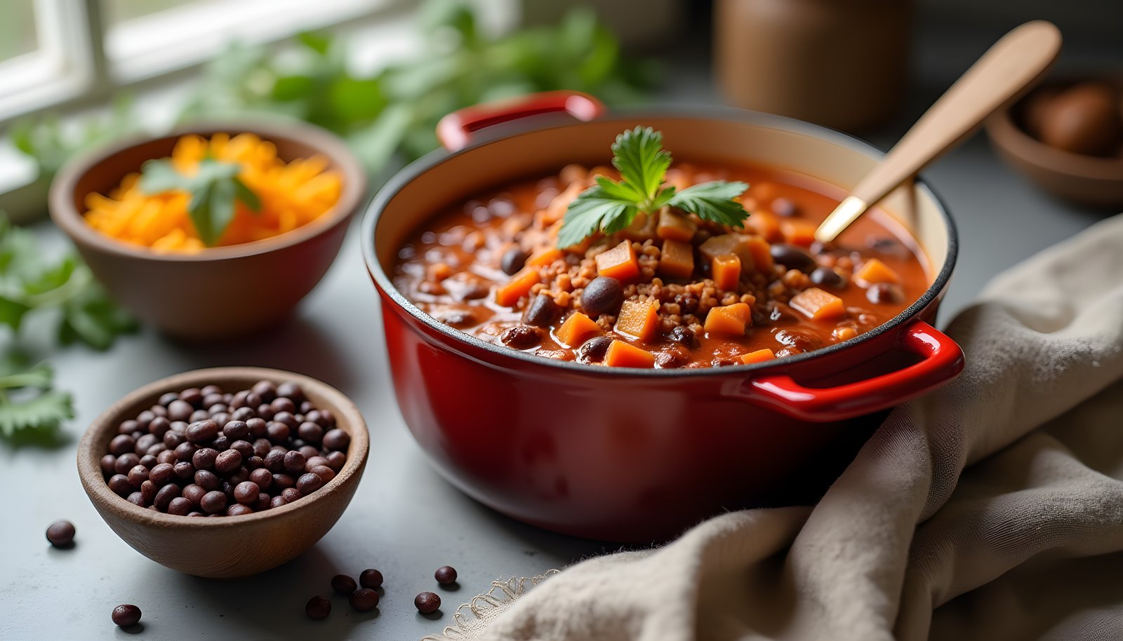 Bean fiber shown with a red pot of hearty bean chili with a wooden spoon, a dish of dry black beans and cilantro