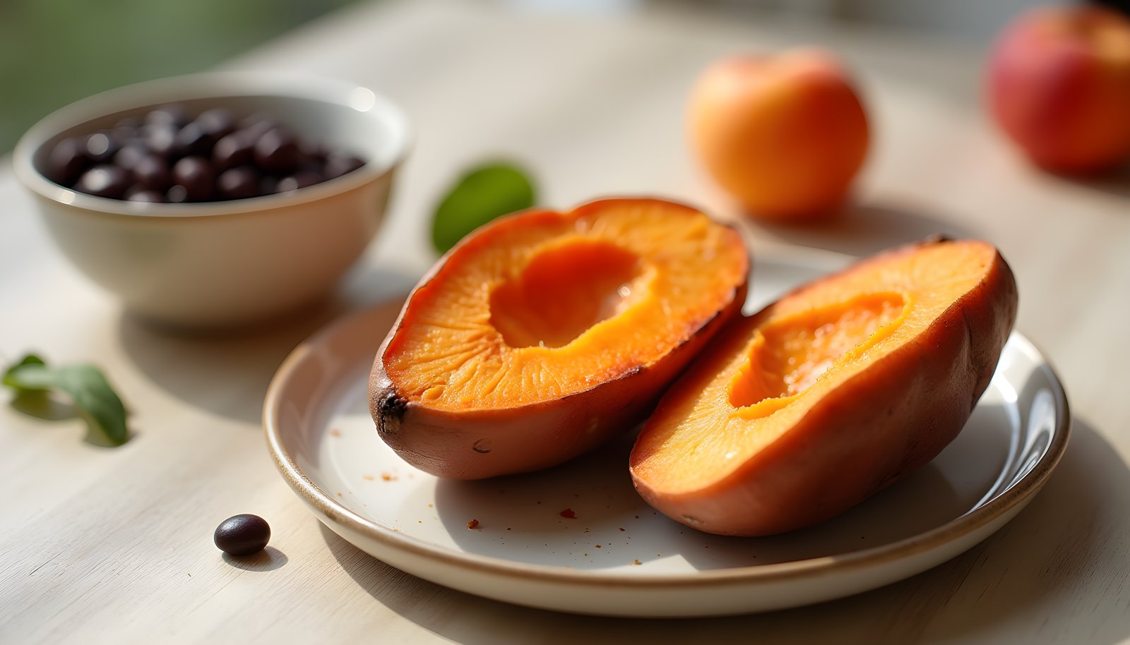 Balancing soluble and insoluble fiber shown with a halved roasted sweet potato beside black beans and fresh apricots