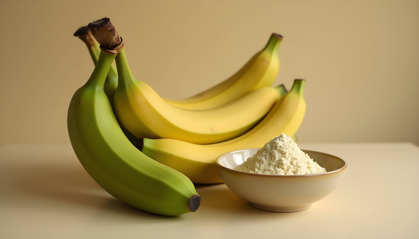 Fruits for resistant starch shown with green and ripening bananas and a green plantain beside a small bowl of banana flour
