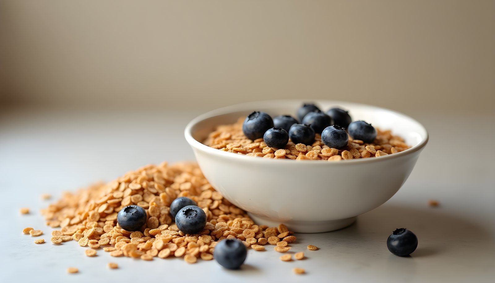 High fiber breakfast cereal shown with a bowl of crunchy bran cereal topped with blueberries and dry cereal scattered