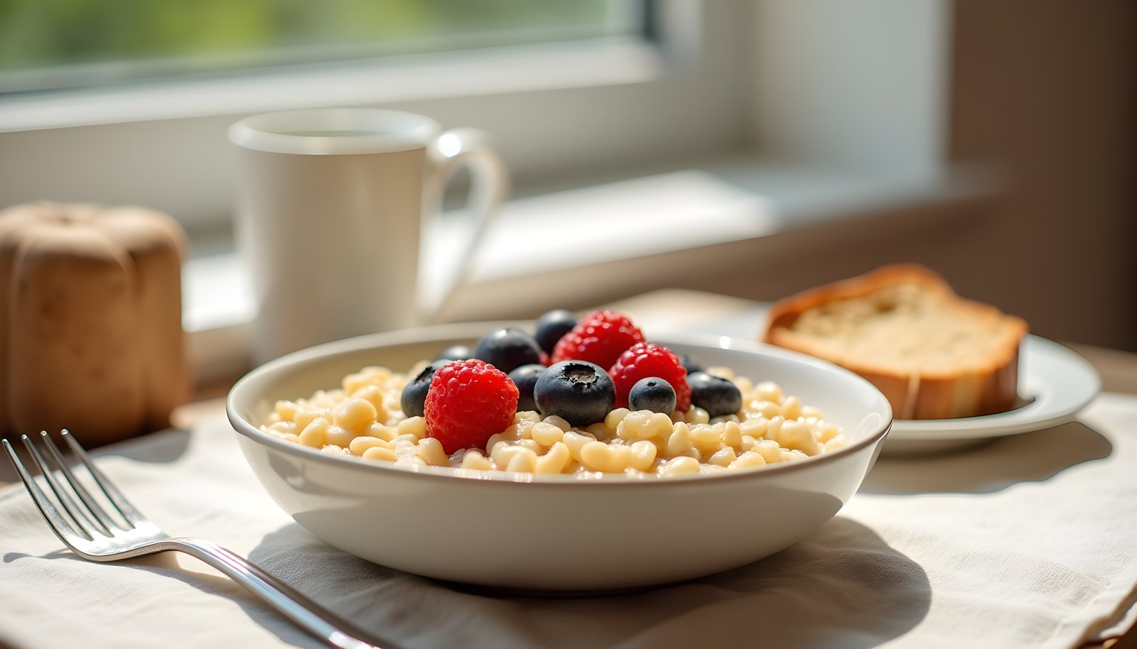 High fiber breakfast with a bowl of hot cereal topped with blueberries and raspberries, toast and a white mug