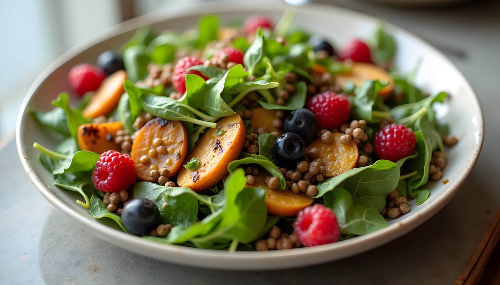 High fiber foods for weight loss shown in a big salad of greens, lentils, roasted carrots, blueberries and raspberries