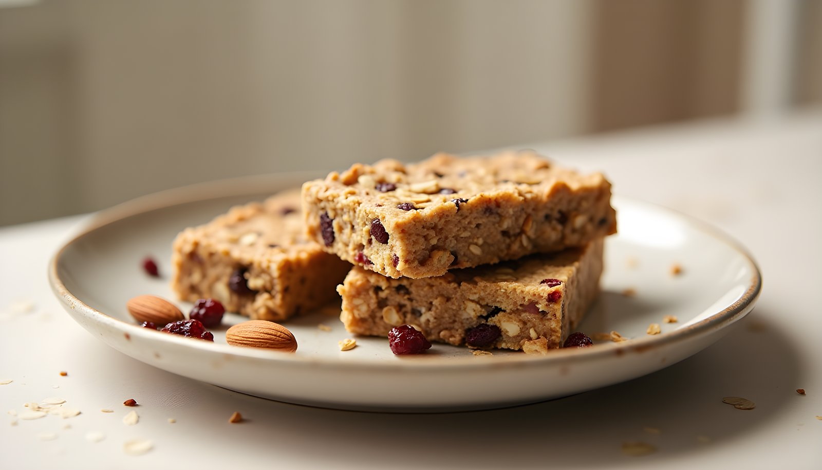 High fiber snack bars shown as stacked oat and fruit bars on a white plate with a few almonds and dried cranberries