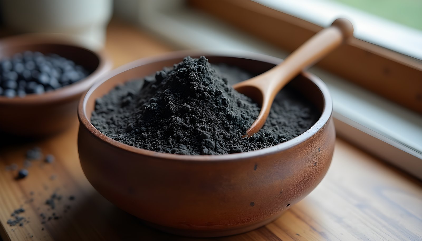 Black bean flour fiber shown with a bowl of dark gray black bean flour and a wooden spoon beside a dish of dry black beans