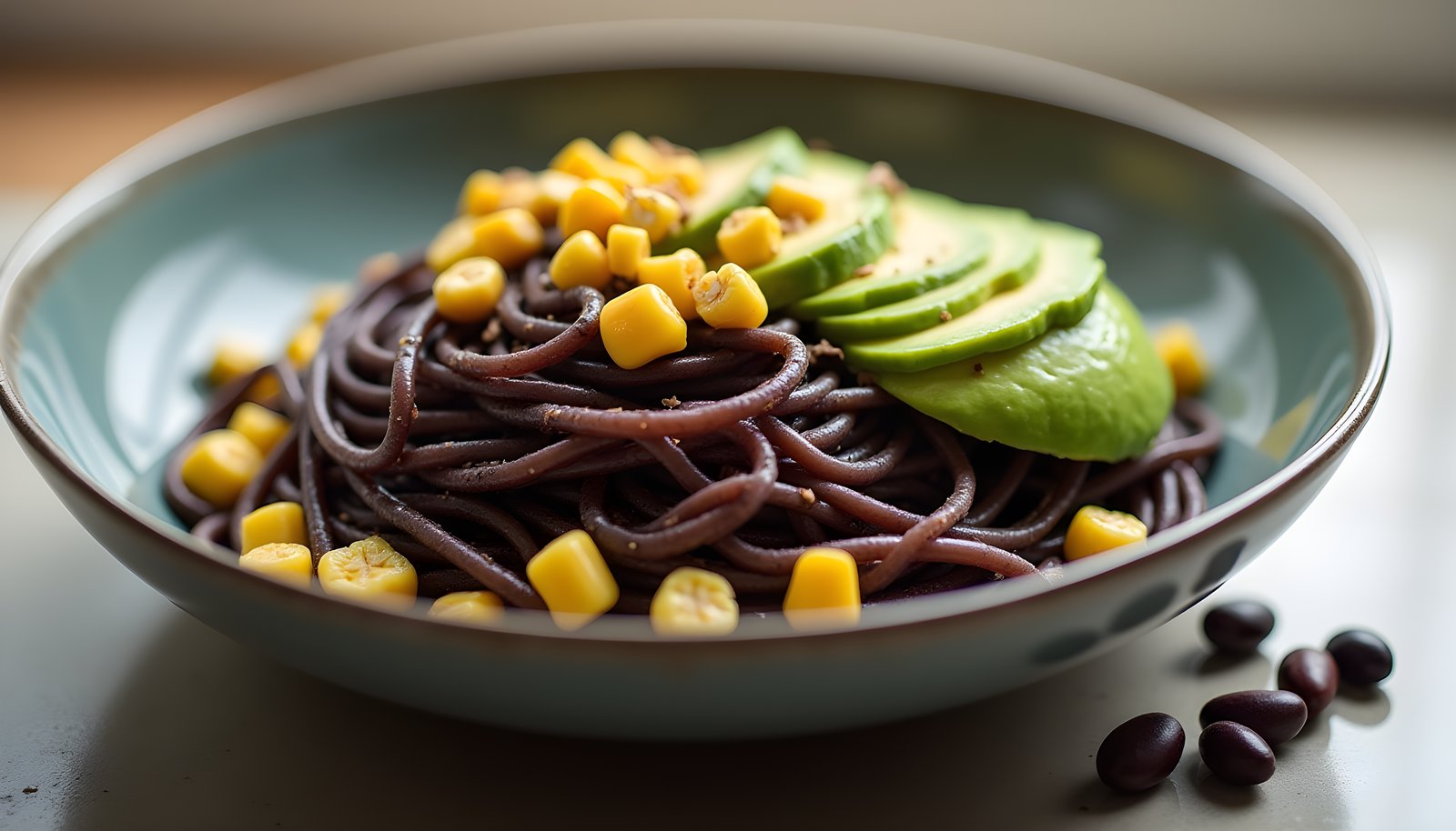 Black bean pasta fiber shown with a bowl of dark black bean spaghetti topped with avocado slices and sweet corn