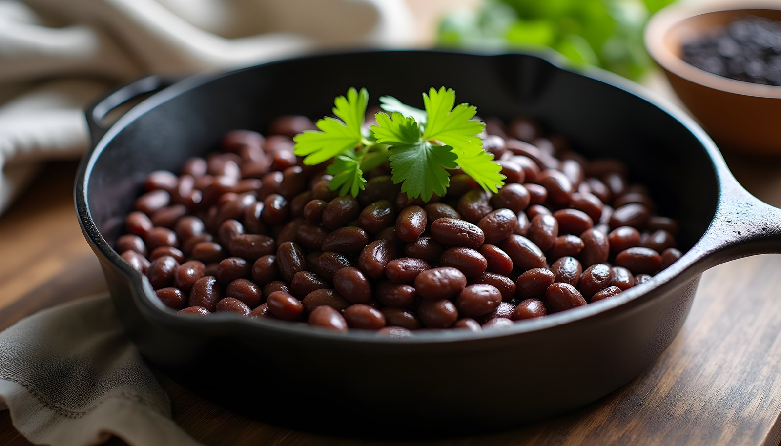 Black bean fiber shown with a cast iron skillet of cooked black beans topped with fresh cilantro and a dish of dry beans