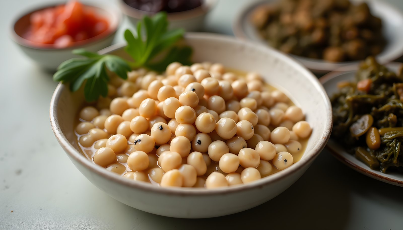 Black-eyed pea fiber shown with a bowl of creamy cooked black-eyed peas and parsley beside plates of cooked collard greens