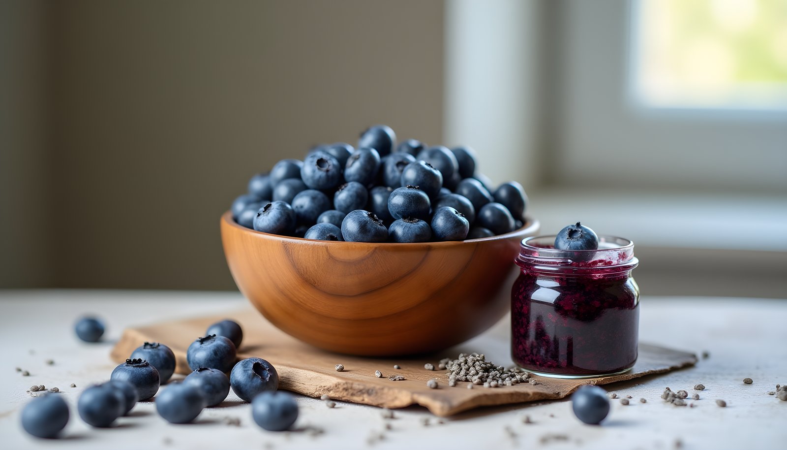 Blueberry fiber shown with a wooden bowl heaped with fresh blueberries, a small jar of blueberry jam and loose berries