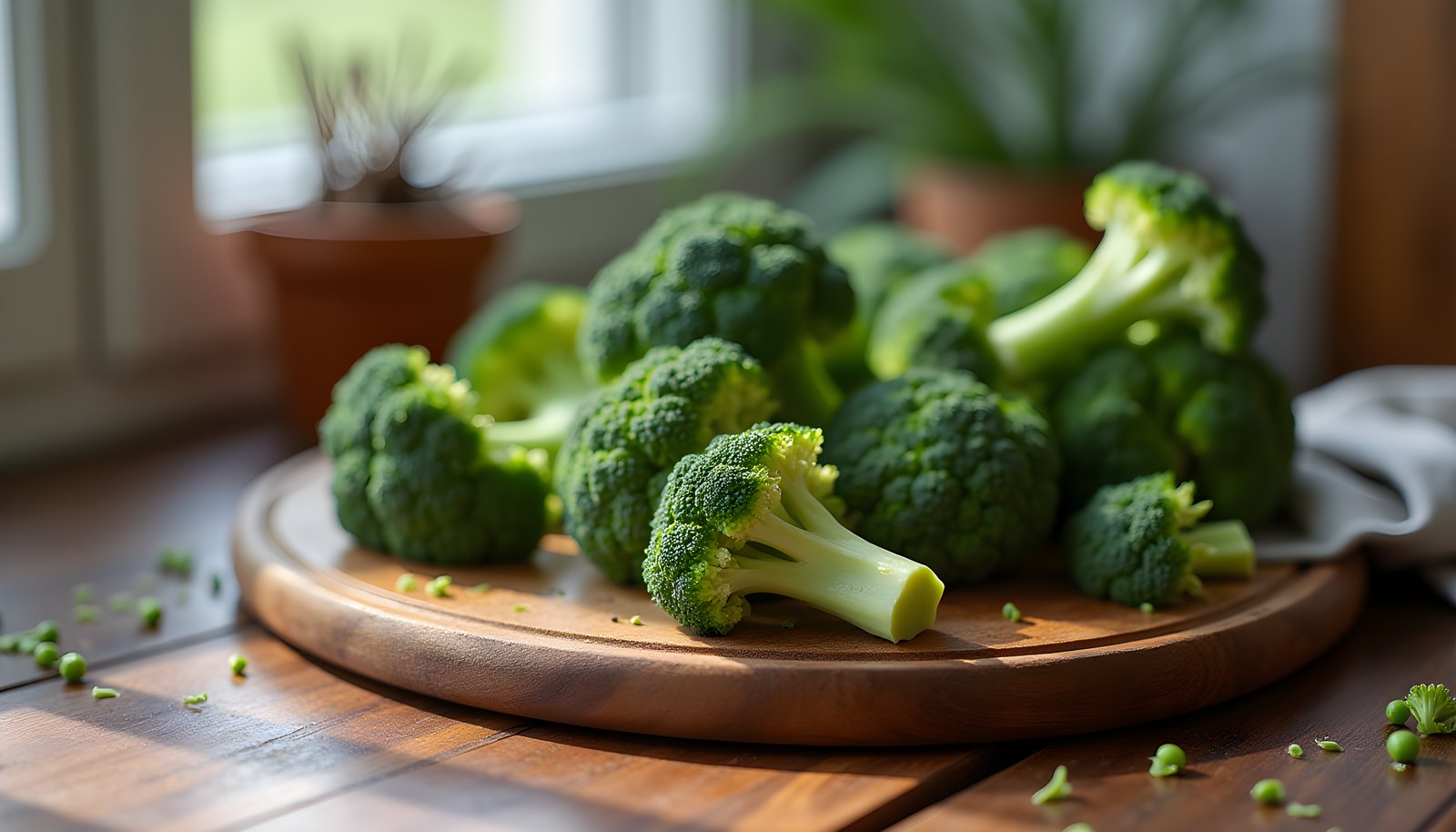 Broccoli fiber shown with fresh broccoli heads and florets on a round wooden board in a bright kitchen by a window