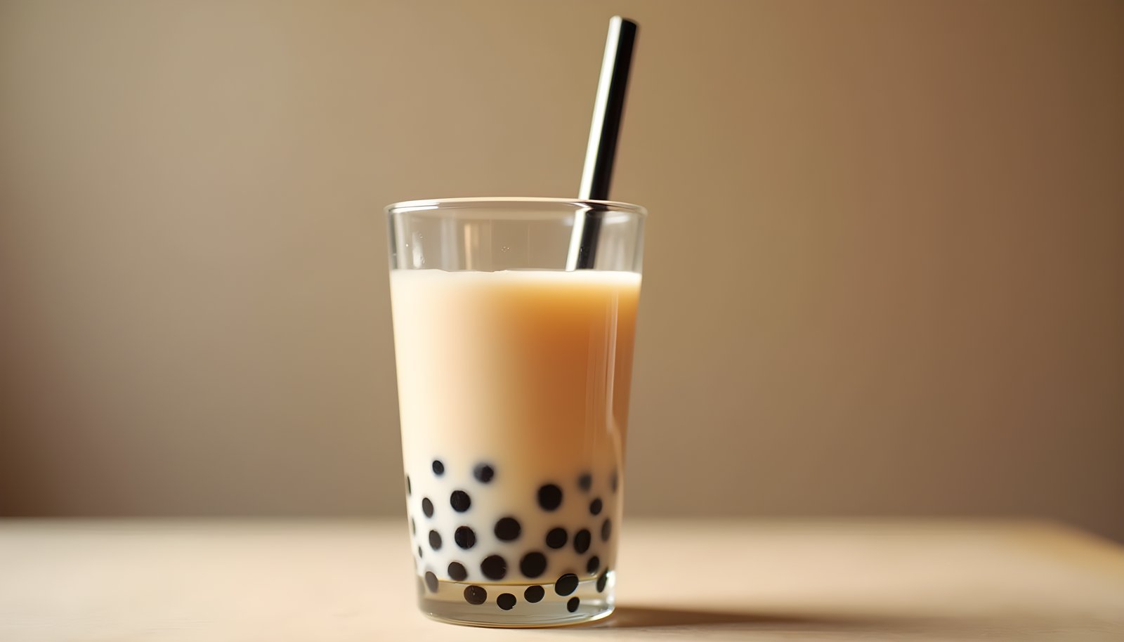 Bubble tea fiber shown with a glass of creamy milk tea with dark tapioca pearls at the bottom and a black straw