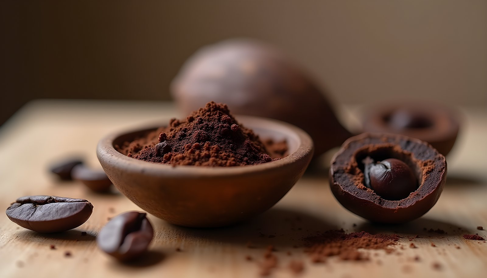 Cacao powder fiber shown with a wooden bowl of dark cacao powder, a few cacao beans and a cracked open cacao pod