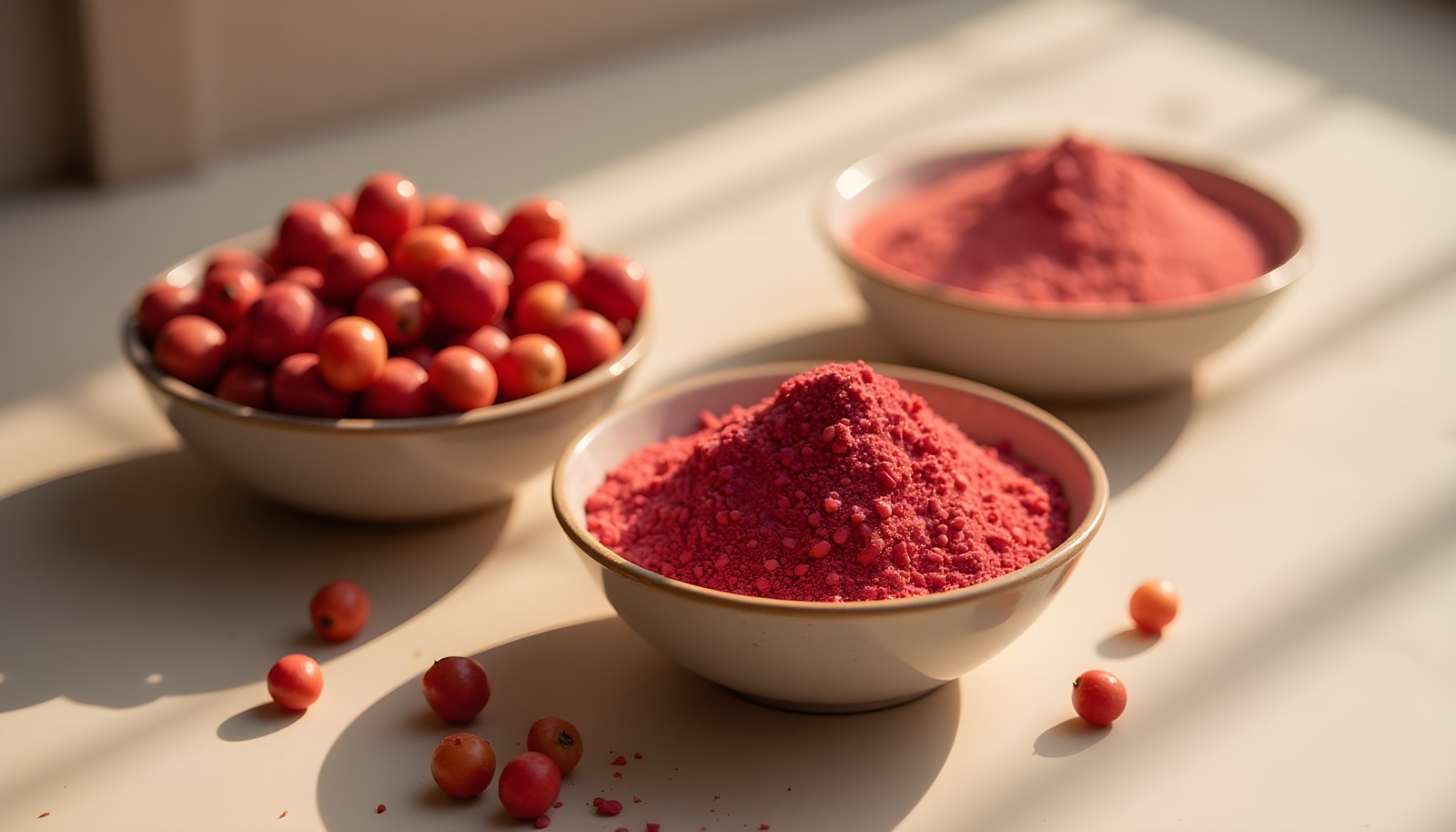 Camu camu fiber shown with a bowl of small round red camu camu berries and two bowls of pink and red berry powder