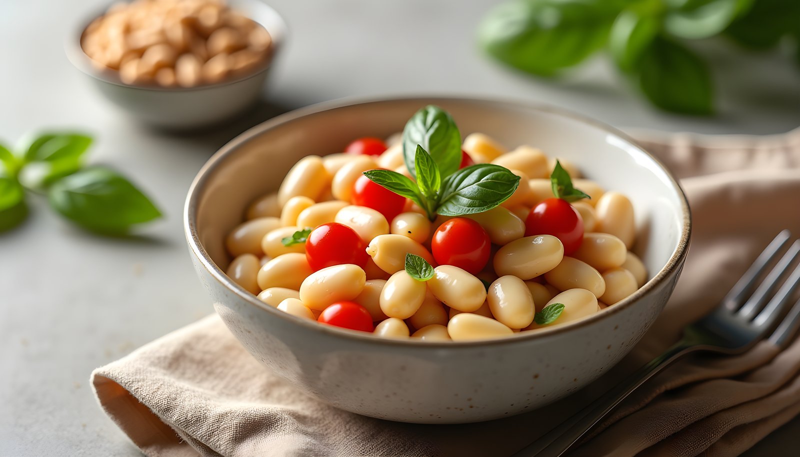 Cannellini bean fiber shown with a bowl of white cannellini beans, cherry tomatoes and fresh basil beside a dish of beans