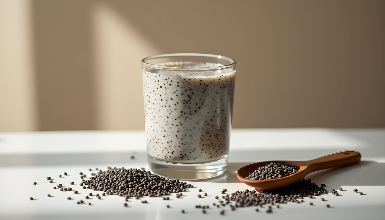 Chia seed fiber shown with a glass of thick chia seed gel, a wooden spoon of seeds and black chia seeds scattered