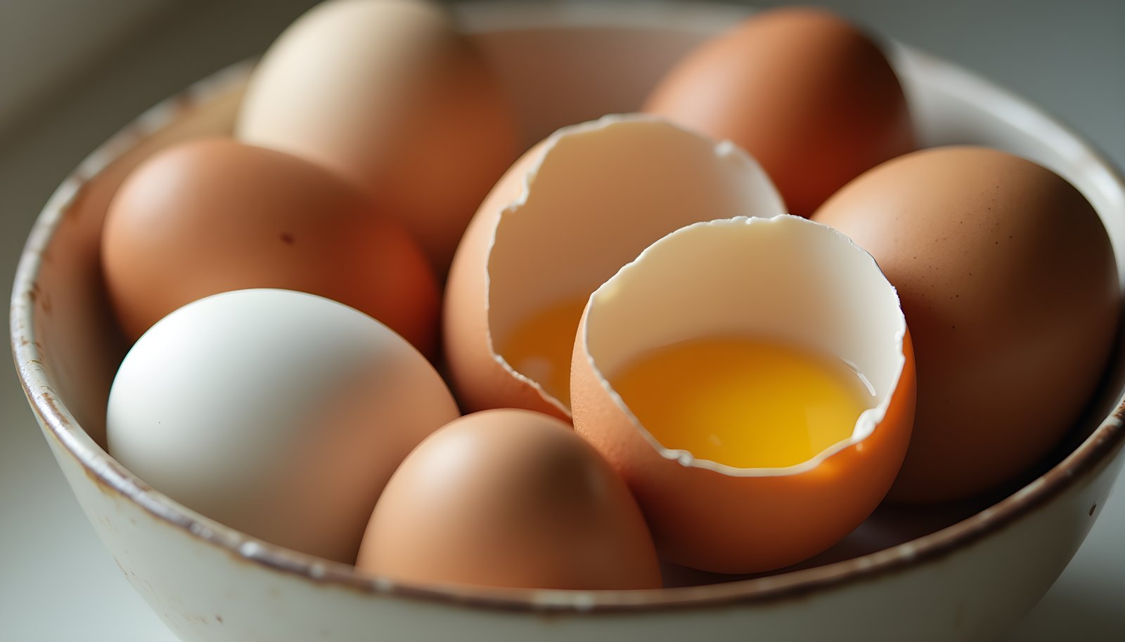 Chicken egg fiber shown with a ceramic bowl of brown and white chicken eggs and one egg cracked open in the bowl
