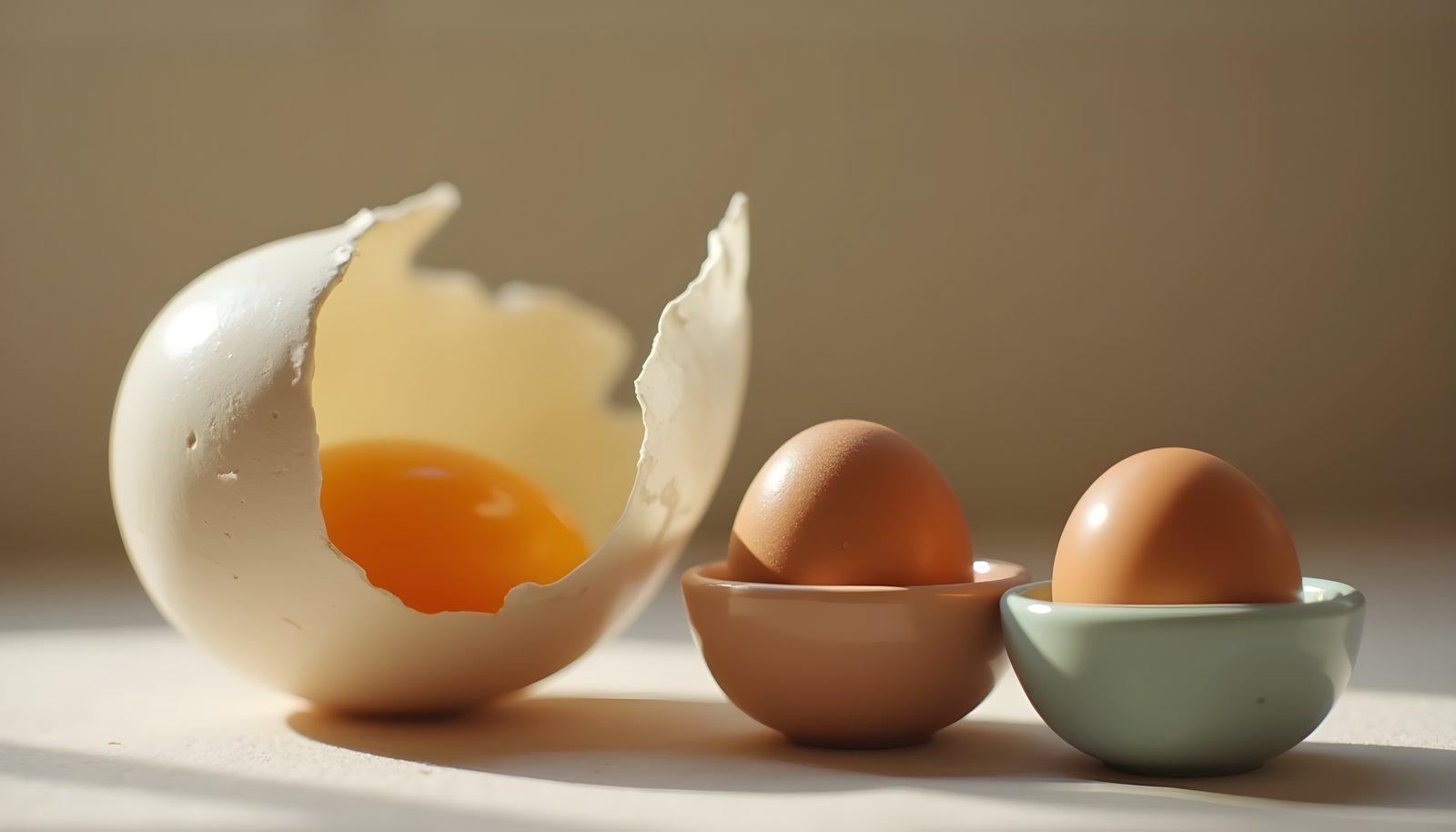 Chicken vs duck egg fiber shown with a large cracked duck egg shell beside smaller brown chicken eggs in cups