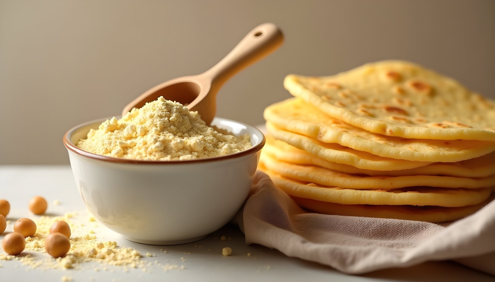 Chickpea flour fiber shown with a bowl of pale yellow chickpea flour and a wooden scoop beside golden flatbreads