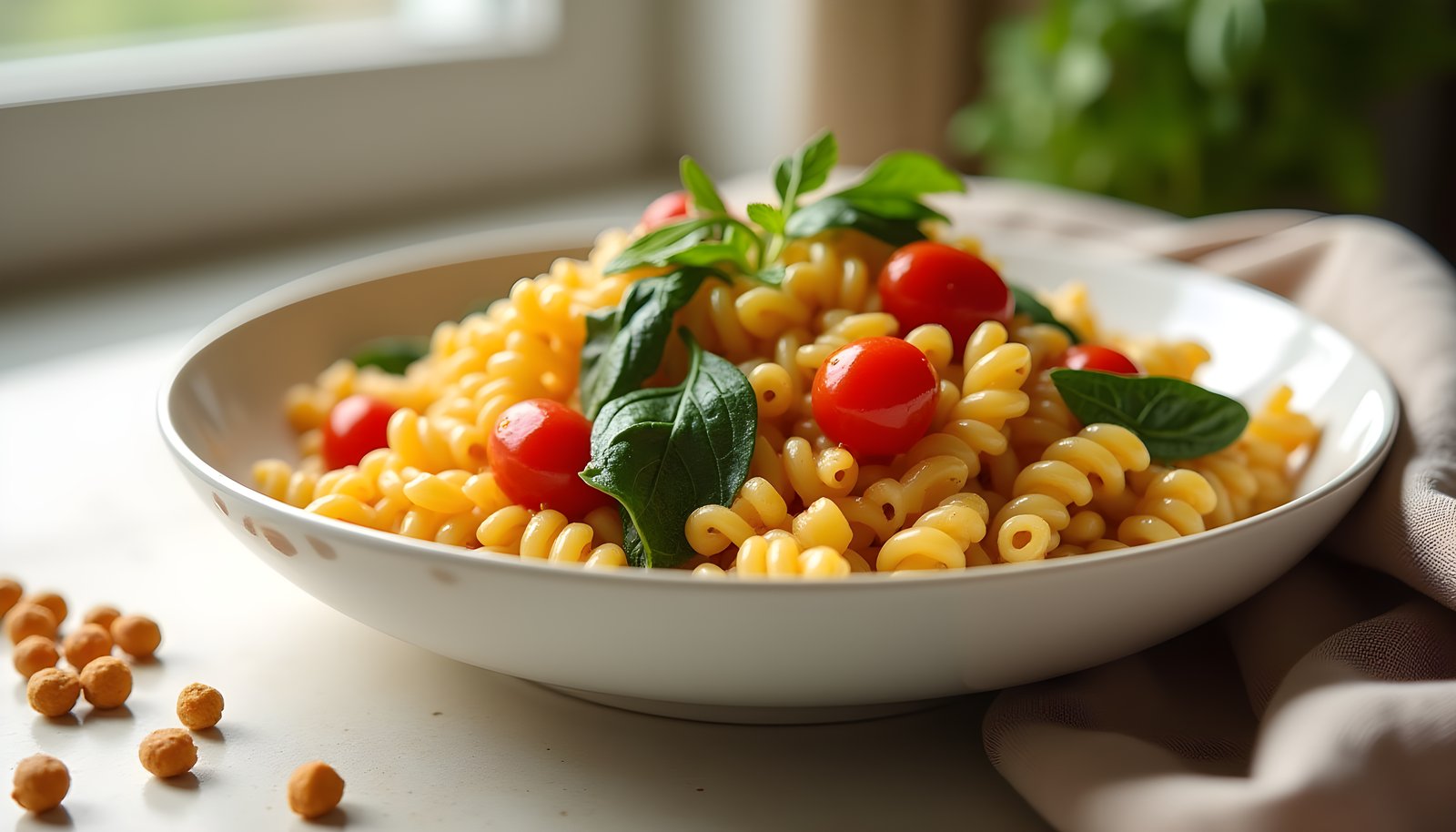 Chickpea pasta fiber shown with a bowl of golden chickpea rotini with cherry tomatoes and basil and a few dry chickpeas