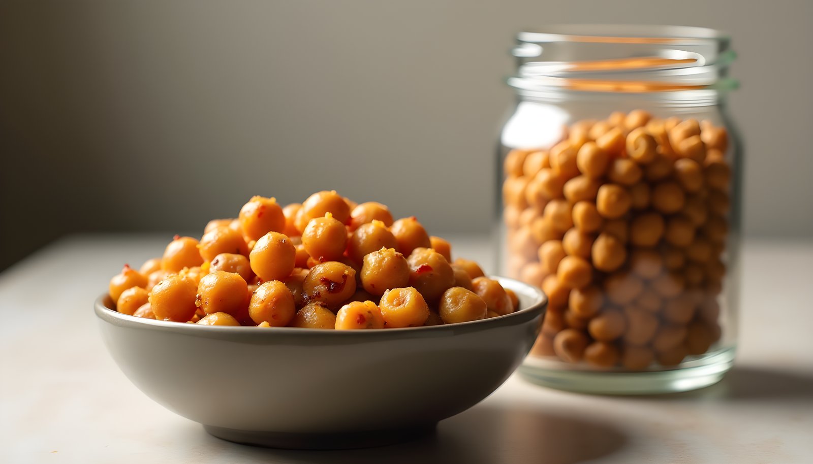Chickpea fiber shown with a bowl of golden roasted spiced chickpeas beside a tall glass jar filled with more chickpeas