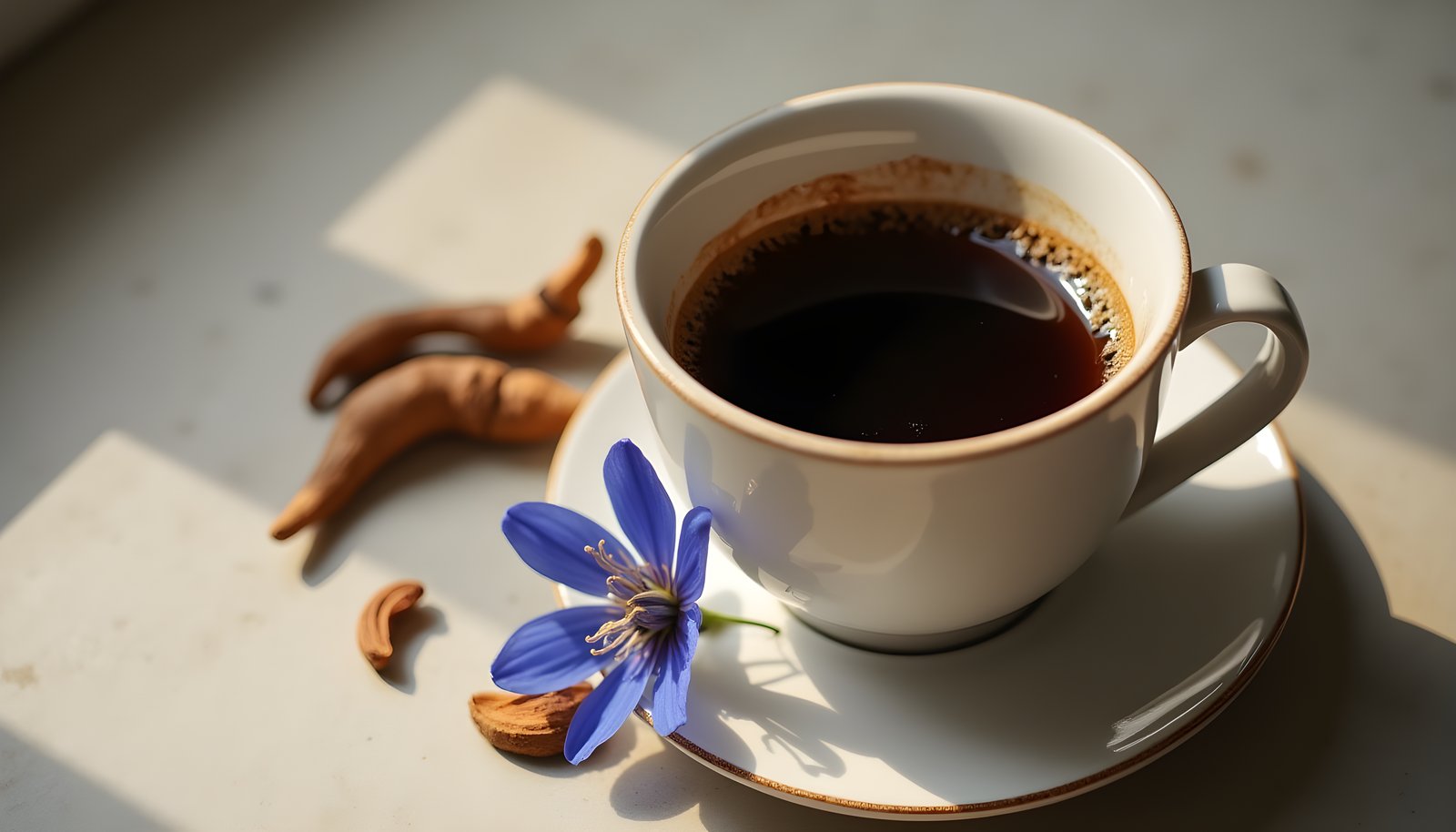 Chicory coffee fiber shown with a cup of dark chicory coffee on a saucer, roasted chicory root and a blue chicory flower