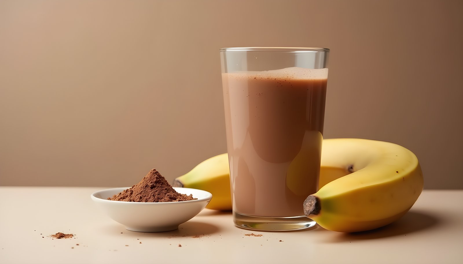 Chocolate milk and fiber shown with a tall glass of chocolate milk beside a small dish of cocoa powder and ripe bananas