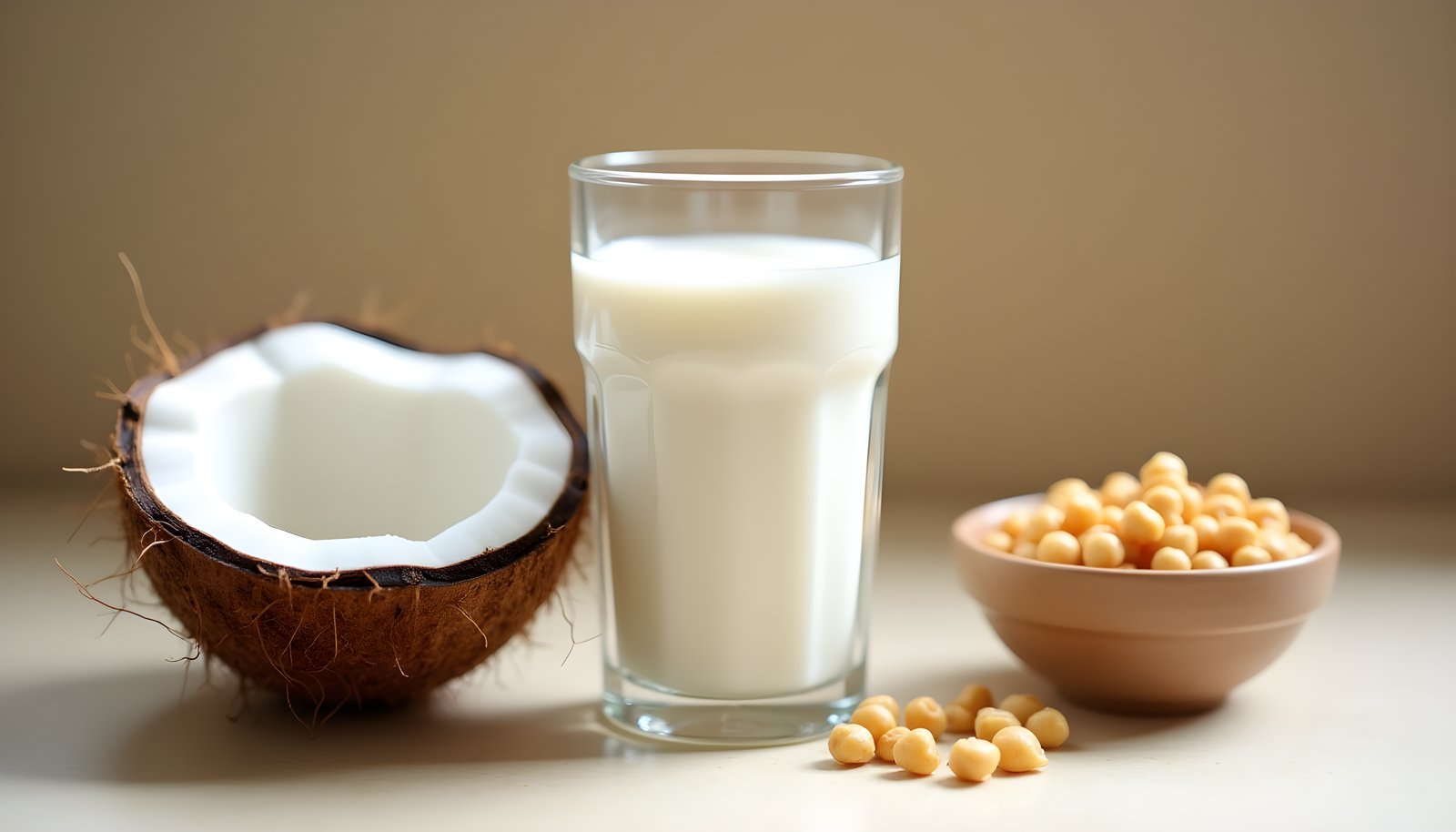 Coconut milk fiber shown with a glass of coconut milk beside a halved brown coconut and a small bowl of chickpeas