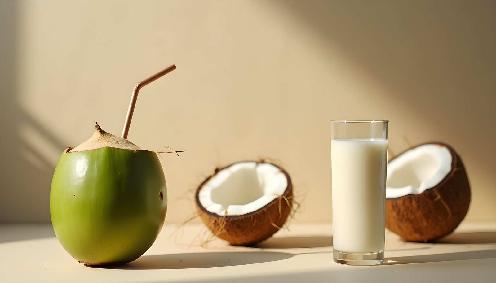 Coconut water fiber shown with a young green coconut with a straw, a glass of coconut water and halved coconuts