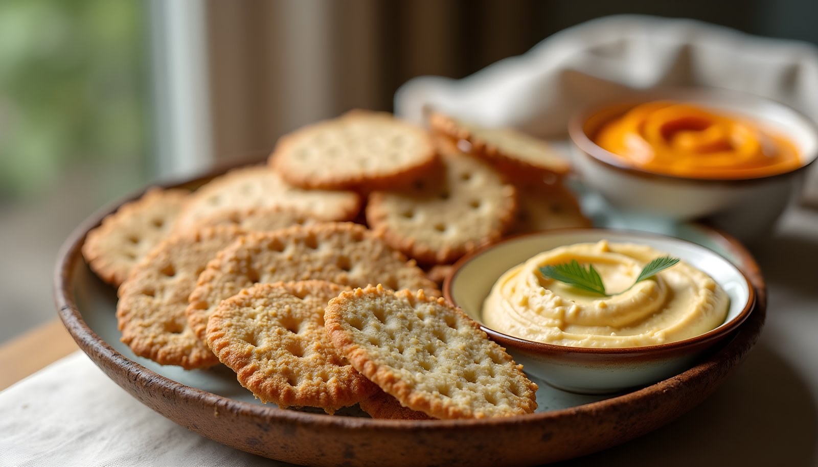 High fiber crackers shown with a plate of round seeded crispbreads and crackers beside bowls of hummus and dip