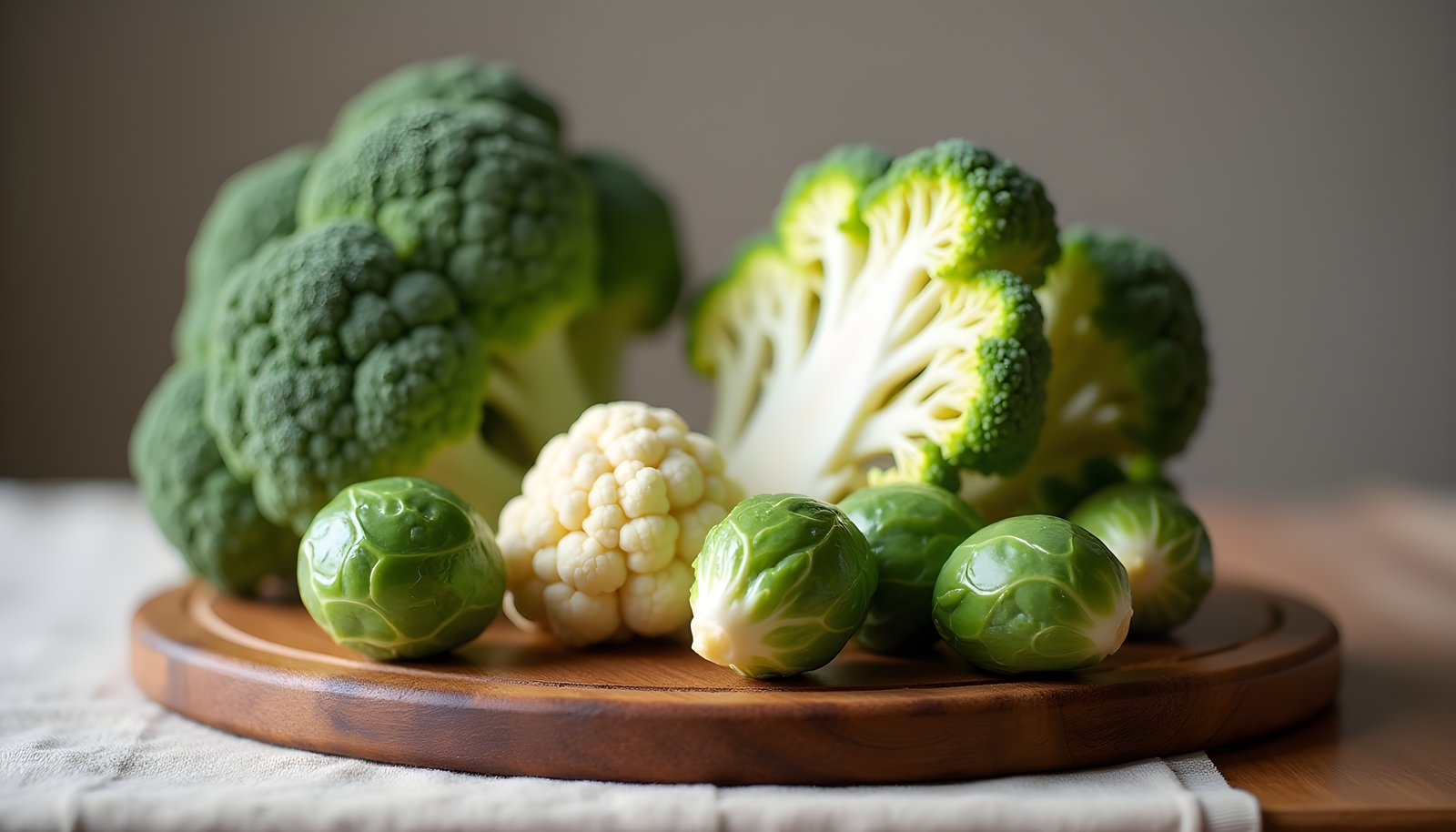 Cruciferous vegetable fiber shown with broccoli, cauliflower and Brussels sprouts on a round wooden board