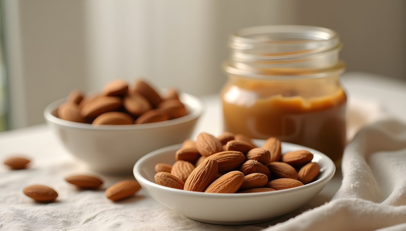 Almond fiber shown with two bowls of whole almonds, a glass jar of smooth almond butter and loose almonds on linen
