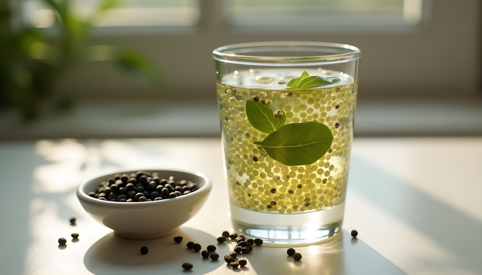 Basil seed fiber shown with a glass of water filled with soaked basil seed gel beads beside a small dish of dry seeds