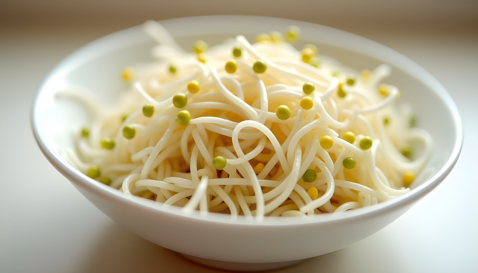 Bean sprout fiber shown with a white bowl heaped with crisp raw mung bean sprouts with small yellow-green bean heads