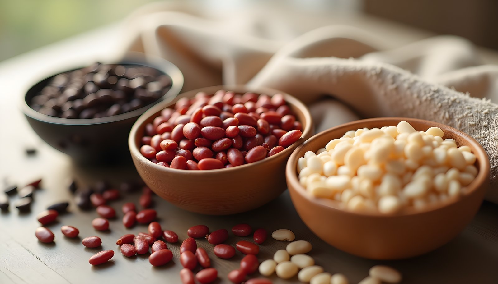 Bean fiber shown with bowls of dry black beans, red kidney beans and white navy beans with loose beans on the table