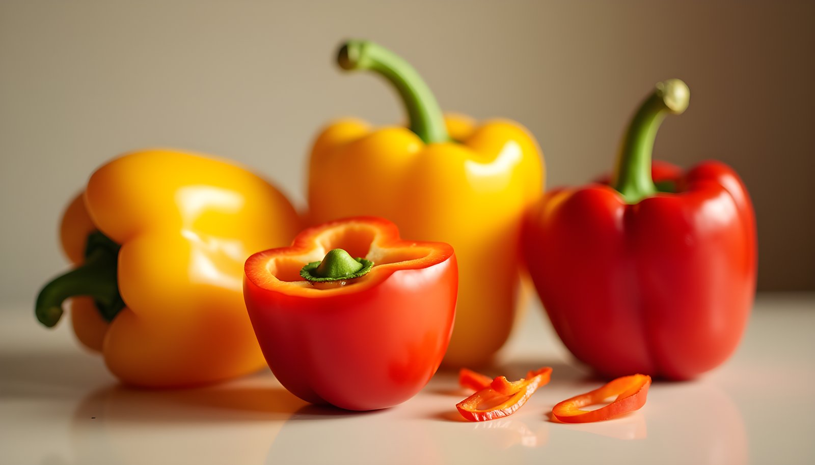 Bell pepper fiber shown with whole yellow and red bell peppers, a halved red pepper and a few thin pepper strips