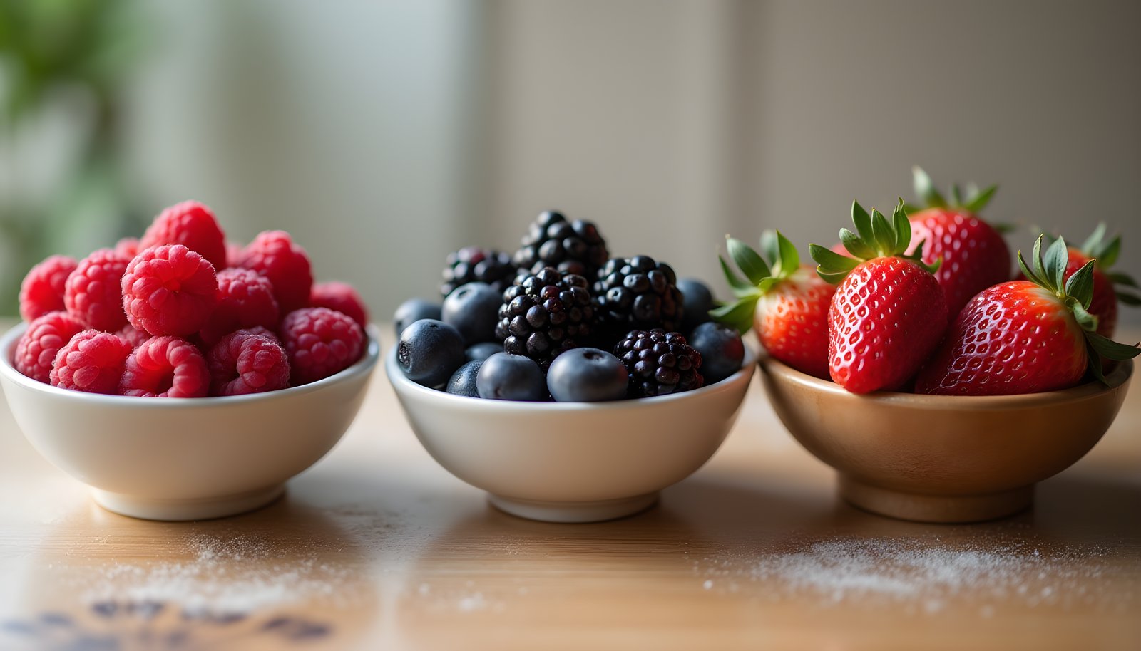Berry fiber shown with three small bowls of raspberries, blueberries with blackberries, and fresh red strawberries